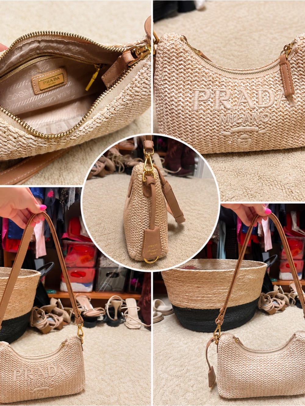Prada Natural Beige Woven Shoulder Bag with Leather Trim